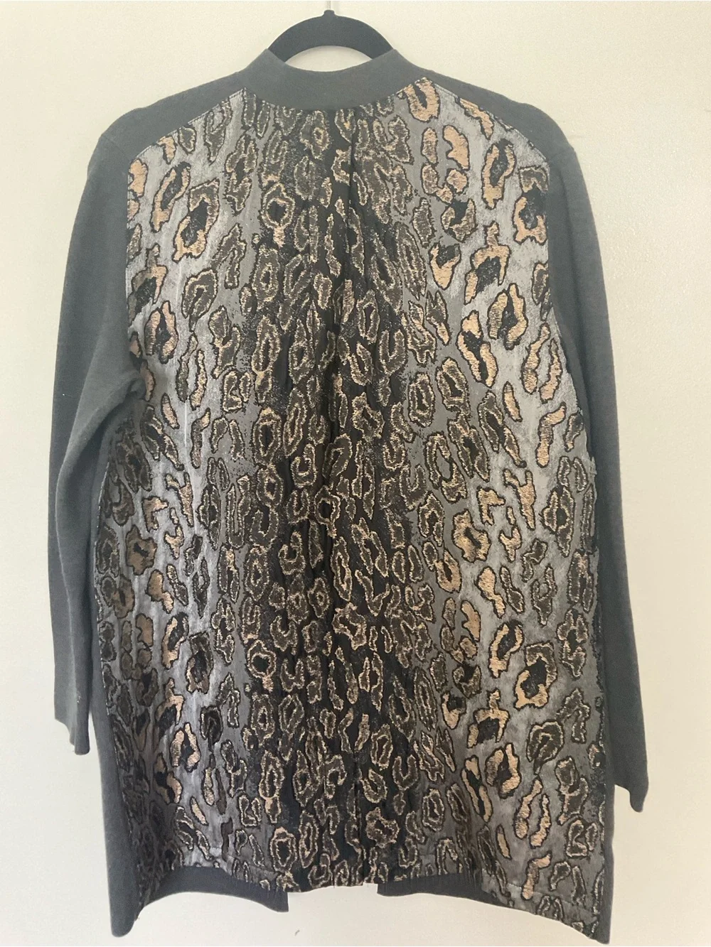 Chico's Black and Taupe Leopard Jacquard Cardigan with metallic accent